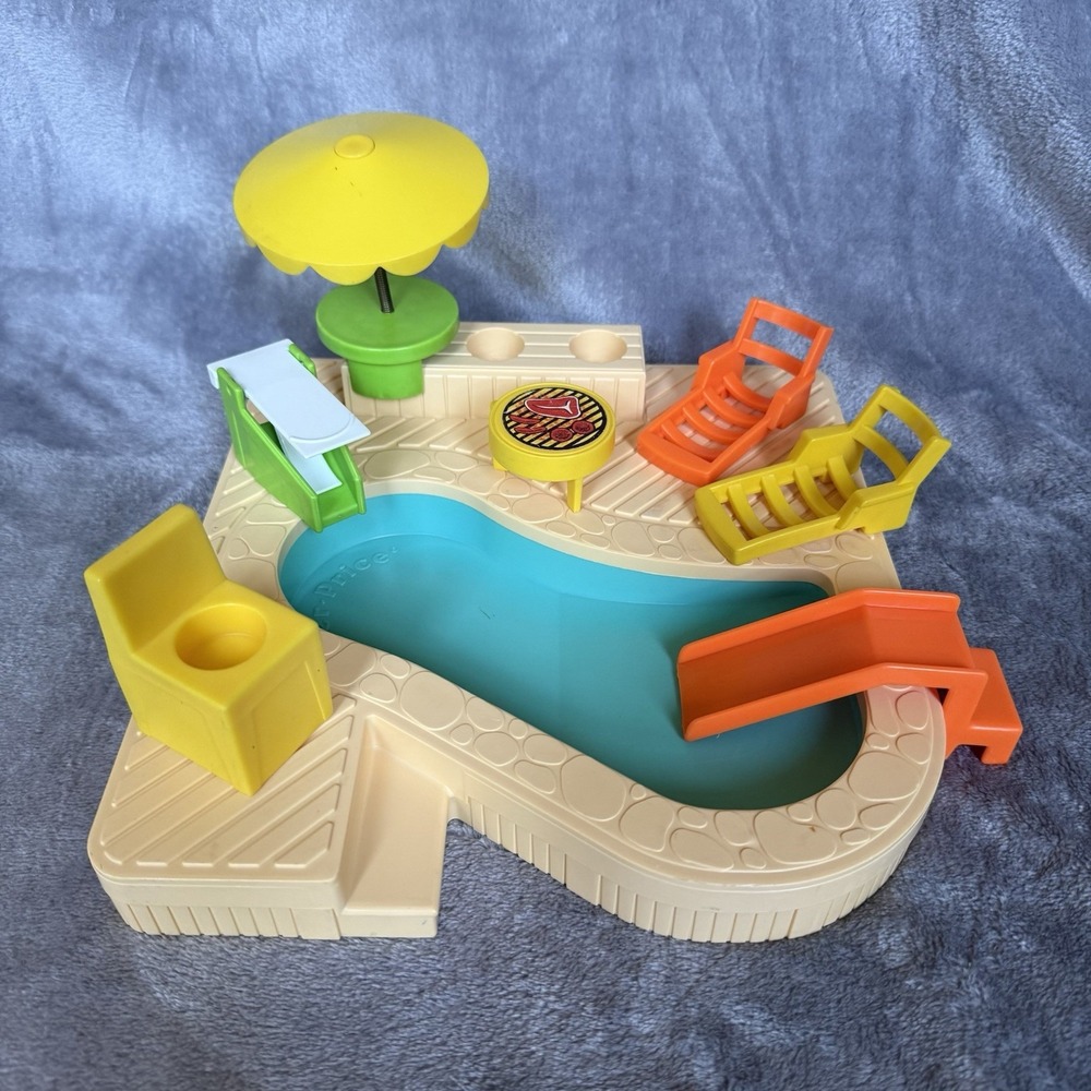 Vtg Fisher Price Little People Swimming Pool Diving Umbrella Chairs Bbq No Figs.